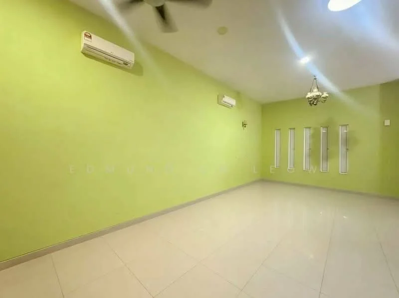 Room features: green painted walls, glossy tile flooring, 2 wall-mounted split AC units, ceiling fan, chandelier, 3 vertical windows, recessed lighting, no visible furniture; style: modern.