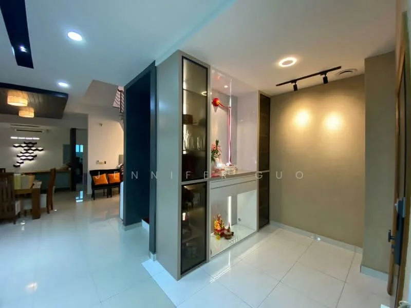 Room features: white tiled flooring, cream painted walls, feature wall with display cabinet, recessed downlights, decorative wall niche, glass display shelves, decorative items on shelves, open layout to adjacent room; style: modern.