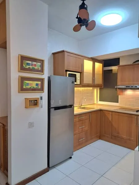 Kitchen features: stainless-steel fridge, built-in microwave, wood cabinetry, granite countertop, tile backsplash, ceramic tile flooring, recessed downlights, 5-blade ceiling fan with light, single-bowl stainless-steel sink, chrome pull-down faucet; style: modern.