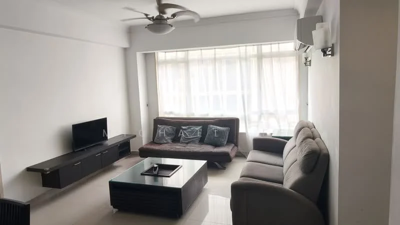 Living features: 3-seater fabric sofa in grey, 2-seater fabric sofa in brown, glass coffee table, TV console, wall-mounted TV, floor-to-ceiling windows, sheer curtains, ceiling fan with light, recessed downlights, cream painted walls, polished tile flooring, decorative wall sconce; style: modern.
