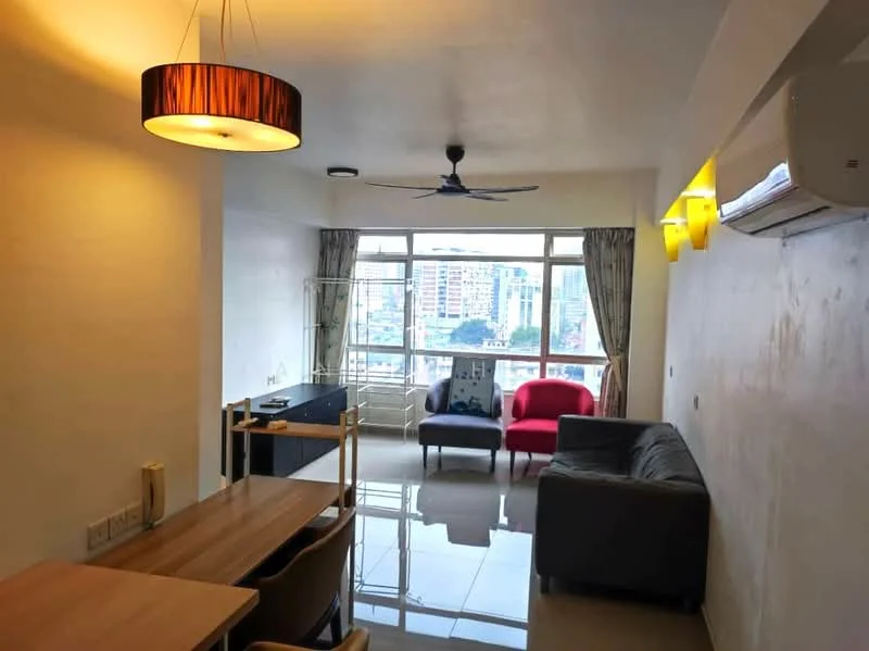 Living features: floor-to-ceiling windows, city view, 3-blade ceiling fan, sofa in grey, 2-seater fabric sofa in red, dining table with 4 chairs, polished tile flooring, wall-mounted air conditioning unit, recessed lighting, curtains, decorative pendant light; style: modern; view: city.