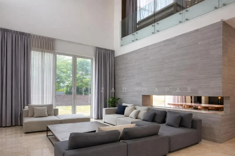 Living features: large sectional sofa in grey, coffee table, floor-to-ceiling windows, sheer curtains, high ceiling, stone accent wall, marble flooring, indoor plants, open layout, natural light, wall-mounted TV, decorative throw pillows; style: modern; view: garden.