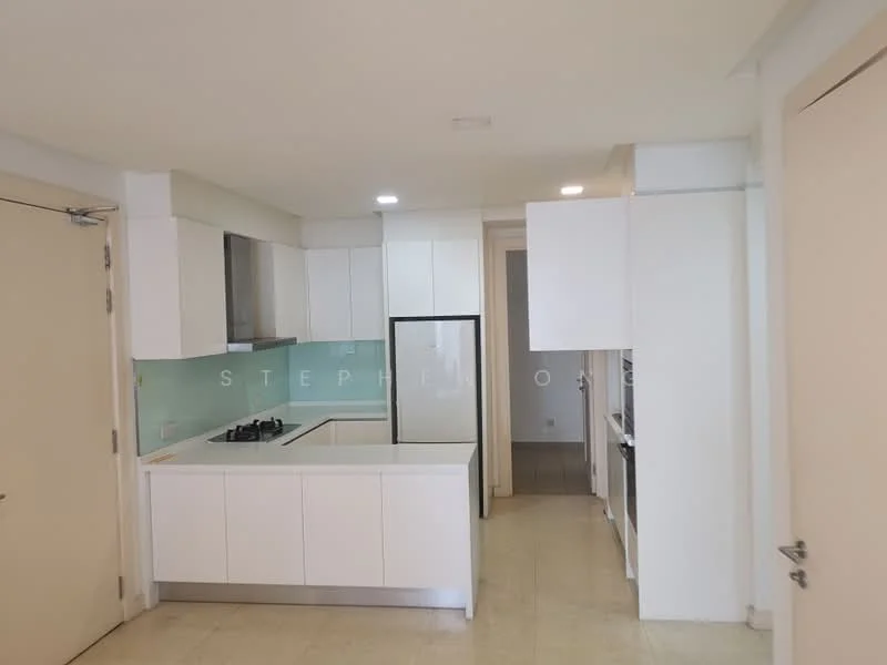 Kitchen features: white cabinetry, stainless-steel fridge, built-in oven, 4-burner gas hob, single-bowl stainless-steel sink, chrome pull-down faucet, light green glass backsplash, marble countertop, recessed downlights, tile flooring; style: modern.