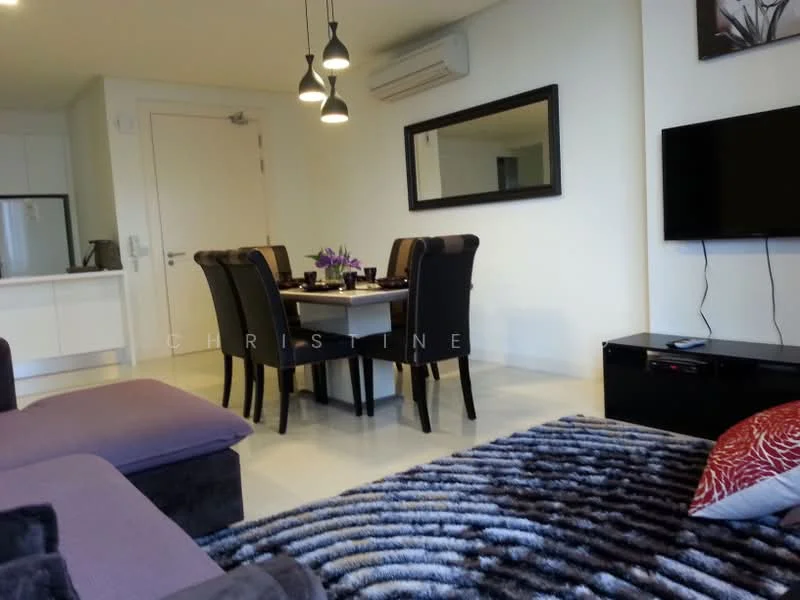 Living features: 3-seater fabric sofa in dark grey, purple accent cushions, area rug with geometric pattern, wall-mounted TV, black TV console, dining table for six with black chairs, pendant lighting, air conditioning unit, mirror on wall, light-colored walls, neutral tile flooring; style: modern.