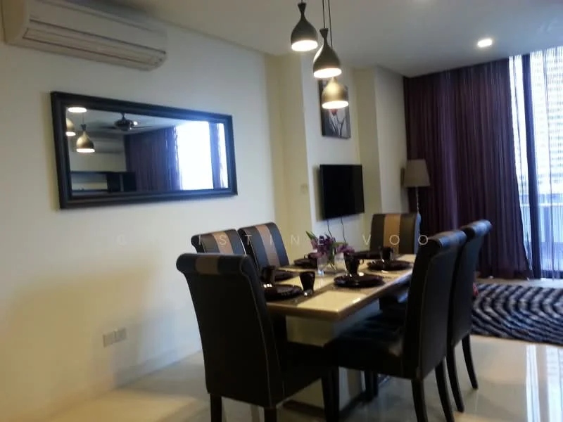 Dining features: 6-seater dining table, black upholstered dining chairs, pendant lighting above table, mirror on wall, recessed ceiling lights, floor-to-ceiling windows, curtains in dark purple, area rug with geometric pattern, air conditioning unit on wall, decorative wall art; style: modern; view: city.