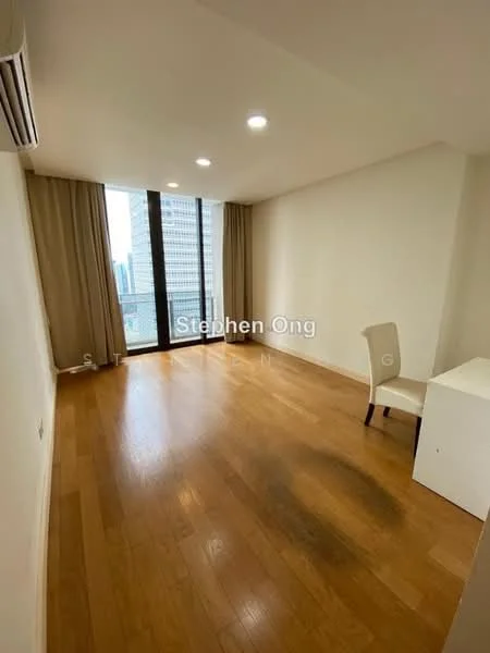 Room features: wooden flooring, white painted walls, recessed downlights, floor-to-ceiling windows, sheer curtains, air conditioning unit, single chair, small desk; style: modern; view: city.