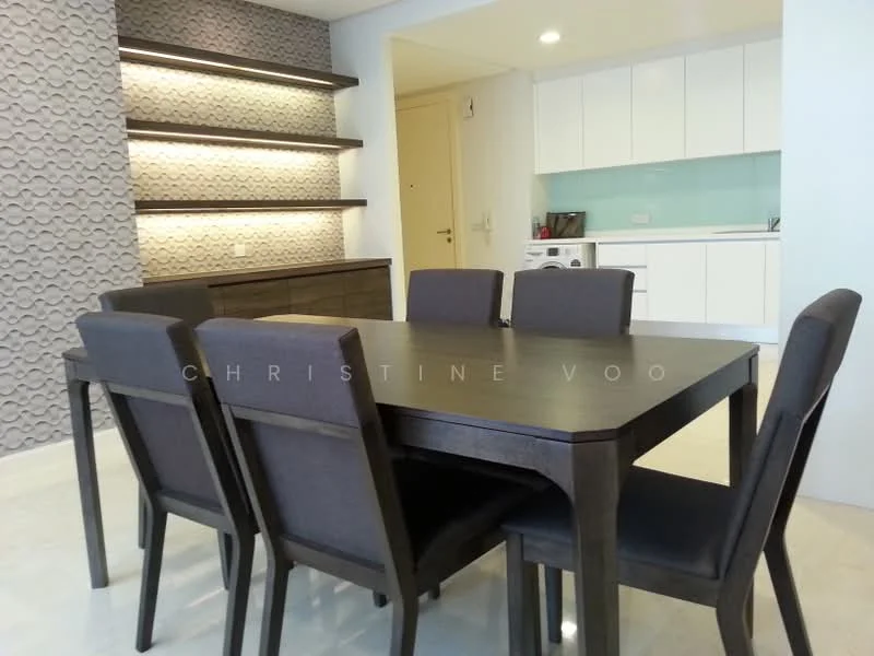 Dining features: 6-seater dining table, dark wood dining table, upholstered dining chairs in grey, decorative wall with textured pattern, white cabinetry, light blue backsplash, built-in shelves, recessed lighting, marble flooring; style: modern. Kitchen features: white cabinetry, light blue backsplash, built-in microwave, countertop space; style: modern.