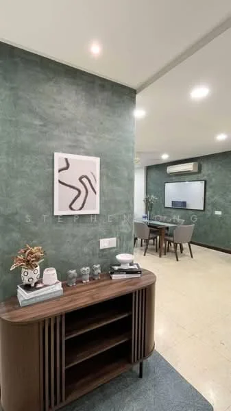 Room features: green textured wall, white framed artwork, wooden console table, decorative owl figurines, decorative plant in ceramic pot, recessed ceiling lights, cream tiled flooring, air conditioning unit on wall; style: modern.