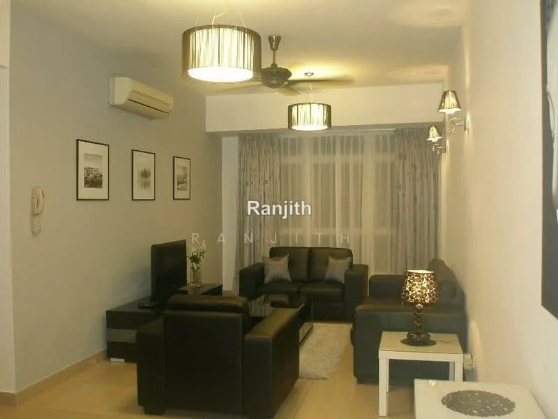Living features: 3-seater leather sofa in black, 2-seater leather sofa in black, coffee table, wall-mounted TV, TV console, area rug with geometric pattern, 5-blade ceiling fan with light, recessed downlights, floor-to-ceiling windows with sheer curtains, decorative wall art, wall sconces, air conditioning unit; style: modern.