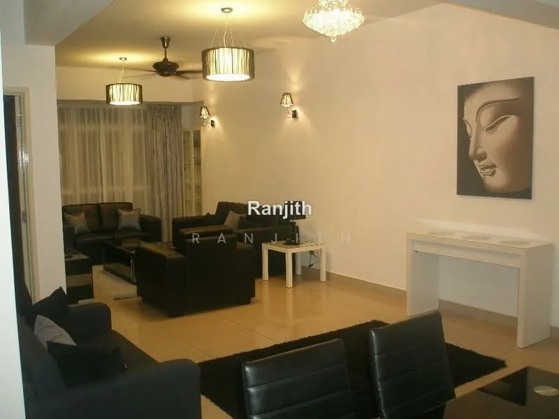 Living features: 3-seater black leather sofa, 2-seater black leather sofa, black armchair, white coffee table, black area rug, white console table, wall-mounted artwork, recessed ceiling lights, 2 pendant lights, ceiling fan, curtains, cream painted walls, glossy tile flooring; style: modern.
