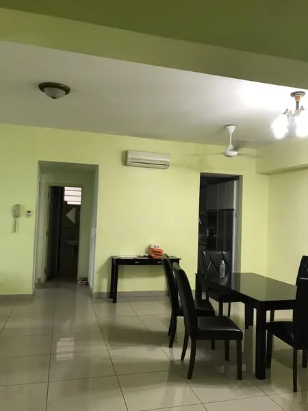 Dining features: black dining table, 4 black dining chairs, cream tiled flooring, yellow painted walls, ceiling fan, recessed ceiling lights, wall-mounted intercom, wall-mounted split AC; style: modern. Room features: doorway leading to hallway, light switch, unknown room beyond doorway.