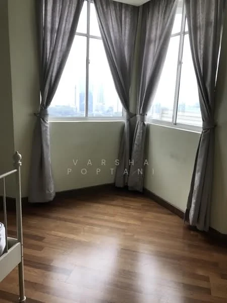Bedroom features: wooden flooring, green painted walls, floor-to-ceiling windows, sheer curtains, city view, corner room layout; style: modern; view: city.