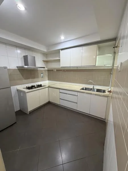 Kitchen features: white cabinetry, granite countertop, stainless-steel sink, chrome pull-down faucet, built-in gas hob, stainless-steel fridge, wall-mounted kitchen shelves, tile backsplash, grey tiled flooring, recessed downlights; style: modern.