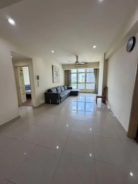 Living features: grey fabric sectional sofa, coffee table, wall-mounted clock, floor-to-ceiling windows, sliding glass door, cream painted walls, polished ceramic tile flooring, ceiling fan with light, curtains, decorative artwork on wall; style: modern; view: city. Room features: doorway leading to another room, light-colored walls, tile flooring.