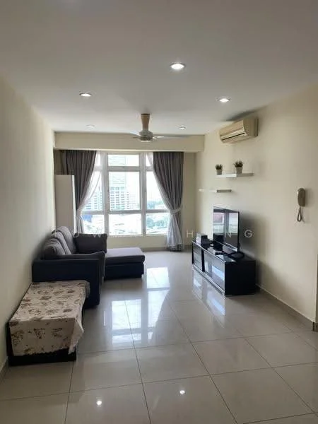 Living features: 3-seater fabric sofa in grey, L-shape sectional in blue, coffee table, TV console, wall-mounted TV, floor-to-ceiling windows, curtains, ceiling fan, wall-mounted air conditioning unit, light-colored painted walls, glossy tile flooring, decorative plants on shelf; style: modern; view: city.