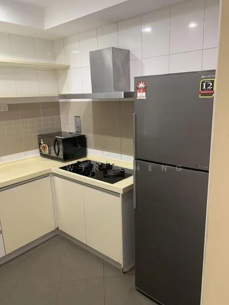 Kitchen features: white laminate cabinetry, grey countertop, stainless-steel range hood, 4-burner gas hob, built-in microwave, stainless-steel fridge, white tiled backsplash, grey tile flooring; style: modern.