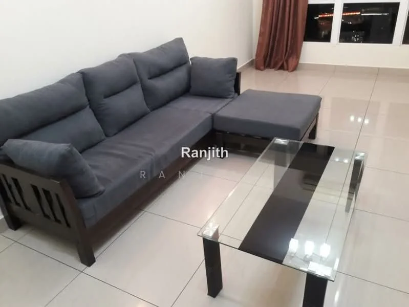 Living features: 3-seater fabric sofa in grey, wooden frame for sofa, glass coffee table with black stripe, ceramic tile flooring, white painted walls, floor-to-ceiling windows, curtains in brown, recessed downlights; style: modern; view: city.