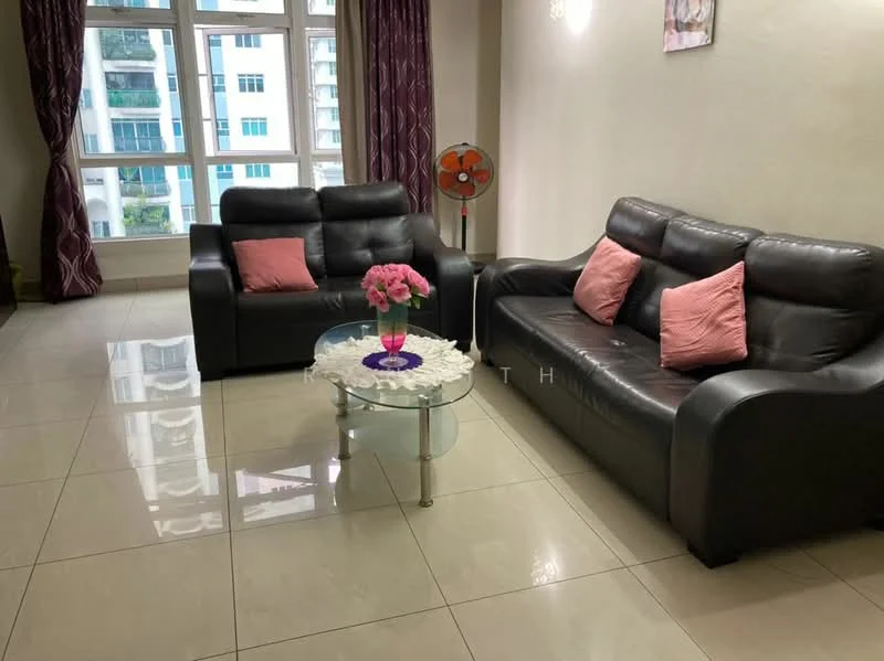 Living features: 2 black leather sofas, pink decorative cushions, glass coffee table with floral arrangement, large windows with city view, curtains in dark purple, polished ceramic tile flooring, wall-mounted decorative artwork, floor fan; style: modern; view: city.