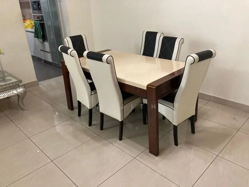 Dining features: rectangular dining table with marble top, wooden legs on dining table, 6 upholstered dining chairs, black and white chair upholstery, polished ceramic tile flooring, plain white painted walls, decorative wall mirror, light fixture above dining table; style: modern.