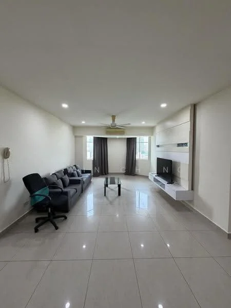 Living features: grey fabric 3-seater sofa, glass coffee table, wall-mounted TV, white TV console, recessed LED downlights, 5-blade ceiling fan with light, cream painted walls, glossy porcelain tile flooring, floor-to-ceiling windows with sheer curtains, telephone wall unit; style: modern.