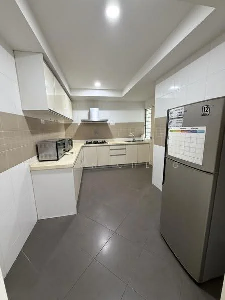 Kitchen features: white cabinetry, light beige backsplash, cream countertop, stainless-steel fridge, built-in oven, 4-burner gas hob, exhaust hood, double-basin sink, grey tile flooring, recessed downlights, wall-mounted microwave, open shelving; style: modern.