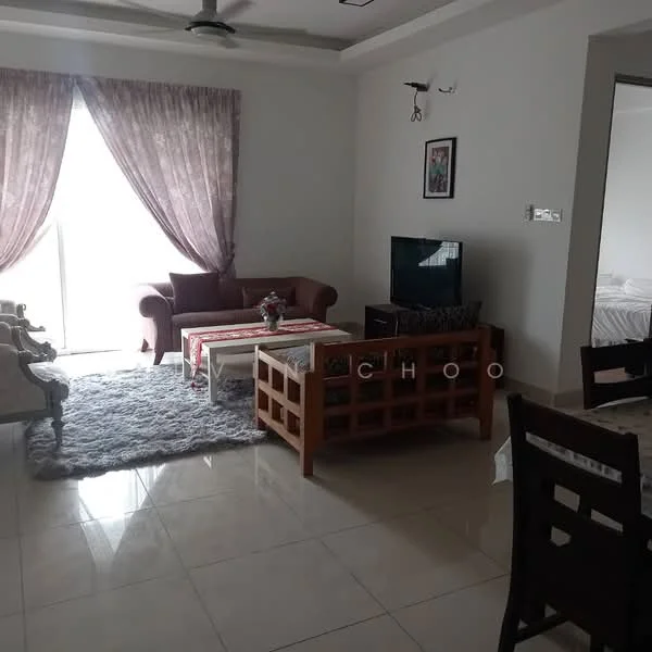 Living features: 3-seater fabric sofa in maroon, 2-seater fabric sofa in beige, wooden coffee table, TV console, wall-mounted TV, area rug with geometric pattern, curtains in light purple, ceiling fan, recessed downlights, sliding glass door, floor-to-ceiling windows, white painted walls, ceramic tile flooring; style: modern; view: garden.