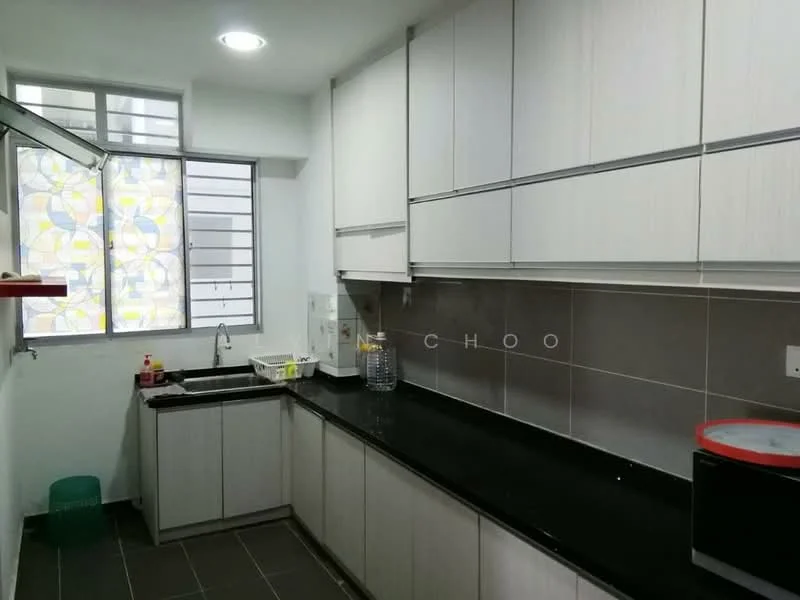 Kitchen features: white cabinetry, black granite countertop, single-bowl stainless-steel sink, chrome pull-down faucet, ceramic tile backsplash, built-in oven, freestanding range oven, microwave, window with patterned glass, grey tile flooring, recessed downlights; style: modern.