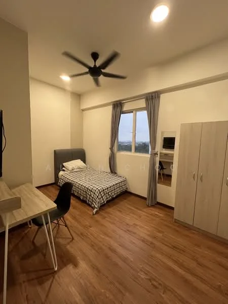 Bedroom features: queen-size bed with checkered bedding, wooden flooring, light grey upholstered headboard, wall-mounted TV, desk with chair, built-in wardrobe with two doors, ceiling fan, curtains on window, window with city view, recessed lighting; style: modern; view: city.