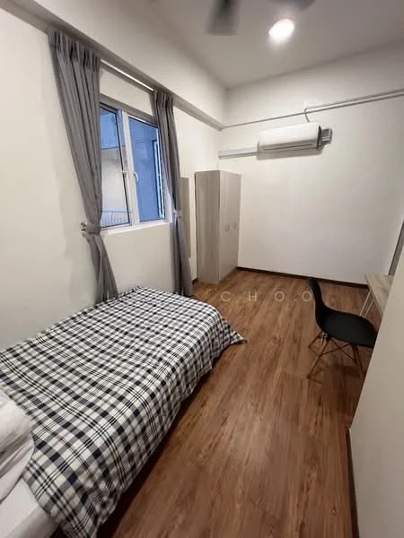 Bedroom features: single bed with checkered bedding, wooden flooring, white painted walls, floor-to-ceiling window, grey curtains, wall-mounted split AC, study desk, black chair, built-in wardrobe; style: modern.