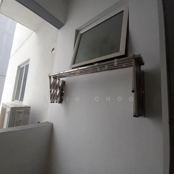 Room features: white painted walls, window with frame, folding drying rack, wall-mounted air conditioning unit.