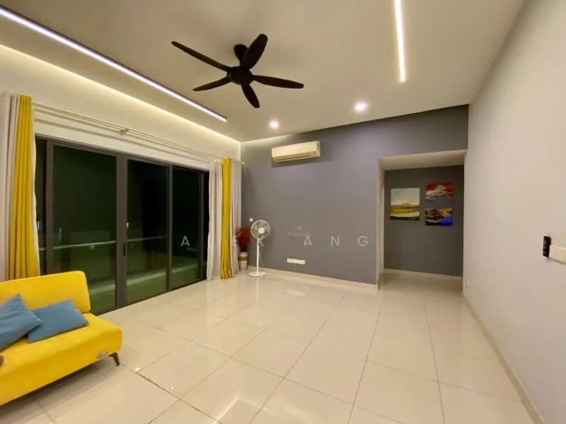 Living features: yellow fabric sofa, 3-seater sofa, blue accent pillows, white tiled flooring, grey accent wall, floor-to-ceiling windows, sheer curtains, recessed LED downlights, 5-blade ceiling fan, wall-mounted air conditioning unit, decorative artwork on wall, standing fan; style: modern.