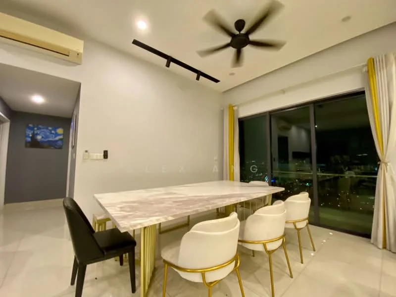Dining features: marble dining table, 4 upholstered dining chairs in white, 5-blade ceiling fan with light, floor-to-ceiling windows, curtains in yellow, white painted walls, tile flooring, wall-mounted split AC; style: modern; view: city.