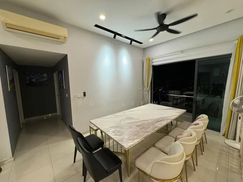 Dining features: marble dining table, 8 upholstered dining chairs, 5-blade ceiling fan with light, floor-to-ceiling windows, curtains in yellow, white painted walls, recessed downlights, tile flooring; style: modern; view: city. Room features: white painted walls, tile flooring, wall-mounted air conditioning unit.