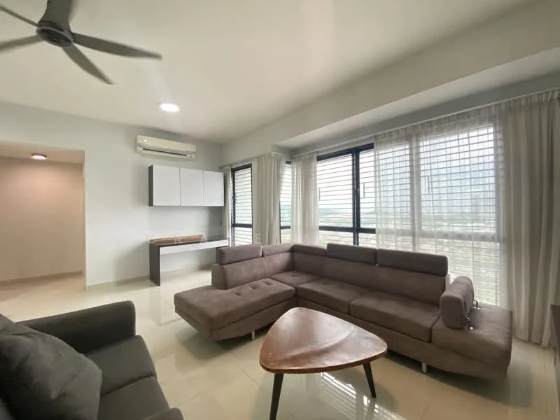 Living features: L-shape sectional sofa in brown fabric, coffee table with wooden surface, floor-to-ceiling windows, sheer curtains, wall-mounted split AC, light-colored walls, glossy tile flooring, recessed downlights, ceiling fan with light, built-in cabinetry, open layout, view of the city skyline; style: modern; view: city.