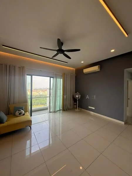 Living features: 5-blade ceiling fan with light, wall-mounted air conditioning unit, floor-to-ceiling sliding glass door, curtains in light green, grey accent wall, cream painted walls, white tiled flooring, sofa in yellow, decorative wall-mounted fan, LED strip lighting; style: modern; view: city.