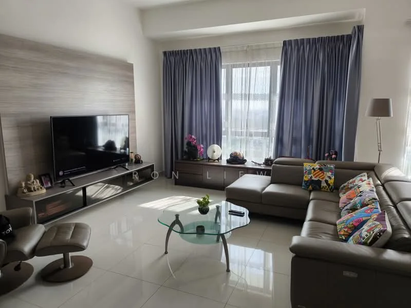 Living features: 3-seater leather sofa in grey, colorful decorative cushions, glass coffee table, TV console with wall-mounted TV, floor-to-ceiling windows, sheer curtains, dark wood accent wall, decorative plants, lampshade floor lamp, glossy tile flooring; style: modern.