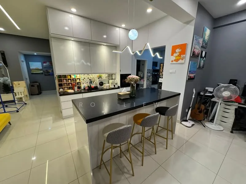 Kitchen features: white cabinetry with flat-panel design, black countertop, stainless-steel appliances, built-in oven, microwave, single-bowl stainless-steel sink, chrome pull-down faucet, pendant lighting, bar stools with gold legs and patterned seats, open shelving with decorative items, white tiled backsplash, ceramic tile flooring, recessed lighting; style: modern.