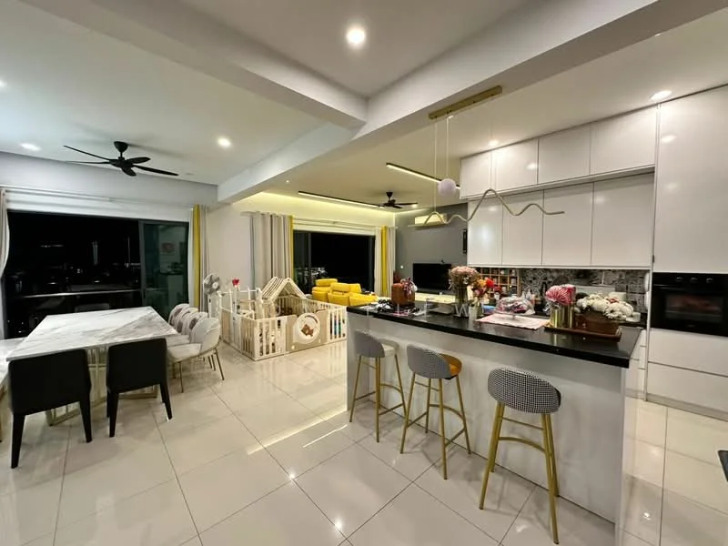 Kitchen features: white cabinetry, black countertop, stainless-steel appliances, built-in oven, freestanding range oven, refrigerator, tile backsplash, pendant lighting, bar stools, open shelving; style: modern. Dining features: 6-seater dining table, white marble tabletop, black upholstered dining chairs, decorative centerpiece; style: modern. Living features: sofa in yellow, coffee table, TV console, floor-to-ceiling windows, curtains, decorative plants, children's play area; style: modern.