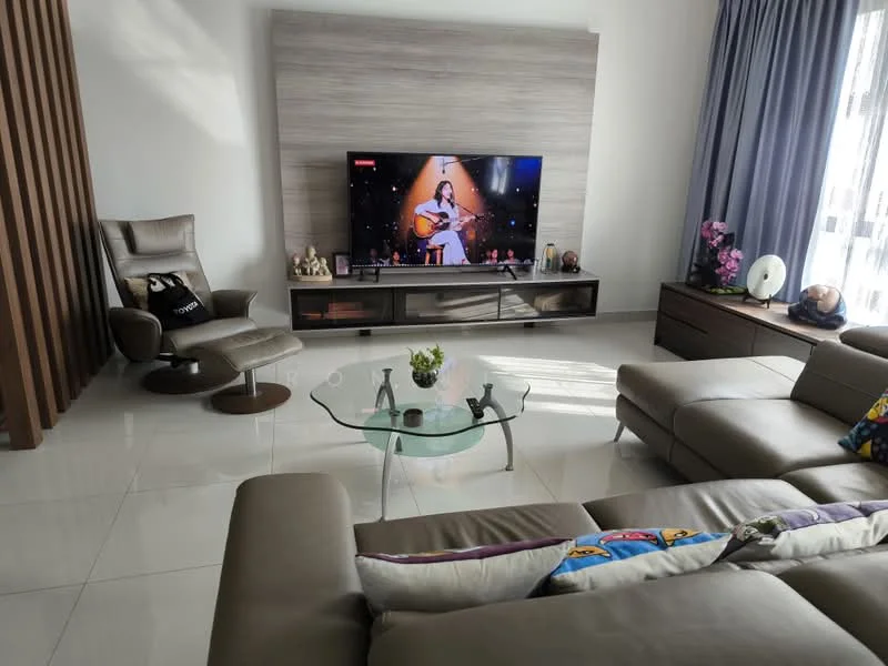 Living features: light grey leather sectional sofa, glass coffee table, wooden TV console, wall-mounted flat-screen TV, decorative items on console, floor lamp, curtains in light blue, polished ceramic tile flooring, accent wall with wood paneling, area rug with colorful pattern; style: modern.