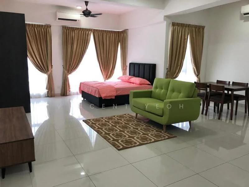 Living features: king-size bed with pink bedding, upholstered headboard, green fabric sofa, wooden dining table for four, four dining chairs, area rug with geometric pattern, white painted walls, glossy tiled flooring, floor-to-ceiling windows with sheer curtains, wall-mounted split AC, ceiling fan with light; style: modern.