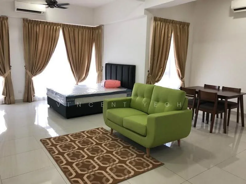 Living features: green fabric sofa, wooden dining table with four chairs, area rug with geometric pattern, floor-to-ceiling windows, sheer curtains, cream painted walls, white tiled flooring, ceiling fan; style: modern. Bedroom features: queen-size bed, black upholstered headboard, mattress, pink bed throw, floor-to-ceiling windows, sheer curtains, cream painted walls, white tiled flooring; style: modern.