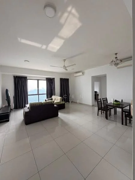 Living features: floor-to-ceiling windows, grey curtains, 3-blade ceiling fan, recessed downlights, light-colored walls, white tiled flooring, 2-seater fabric sofa in dark brown, coffee table, TV console, dining table for 4, 4 dining chairs, wall-mounted TV, decorative ceiling light; style: modern; view: city.