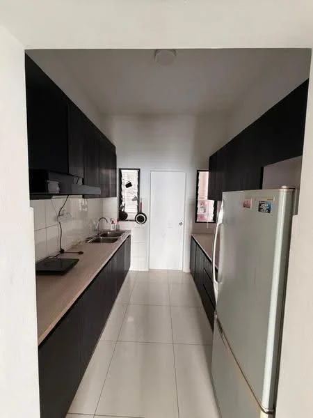 Kitchen features: black cabinetry, light wood countertop, white tiled backsplash, stainless-steel fridge, built-in stove, single-bowl stainless-steel sink, chrome pull-down faucet, white tiled flooring, recessed ceiling lights, wall-mounted cabinets, window with no visible treatment, door leading to another room; style: modern.