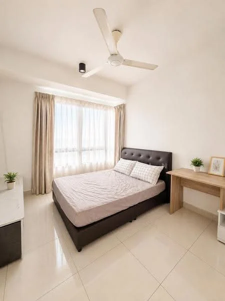 Bedroom features: queen-size bed with upholstered headboard, bedside table, study desk, floor-to-ceiling windows, sheer curtains, 5-blade ceiling fan, light-colored walls, glossy tile flooring, decorative plants; style: modern; view: city.
