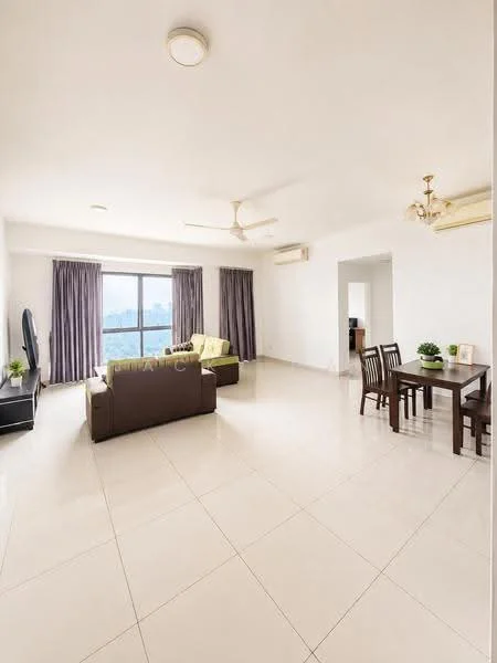 Living features: cream painted walls, white ceiling, recessed downlights, 5-blade ceiling fan, floor-to-ceiling windows, sliding glass door, grey tiled flooring, 2-seater leather sofa in brown, 3-seater fabric sofa in green, coffee table, TV console, dining table with 4 chairs, curtains, decorative ceiling light; style: modern; view: city.