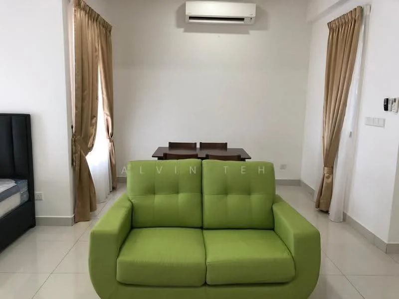 Living features: green fabric sofa, white walls, cream curtains, tile flooring, wall-mounted split AC, dining table with chairs in background, natural light from windows; style: modern.