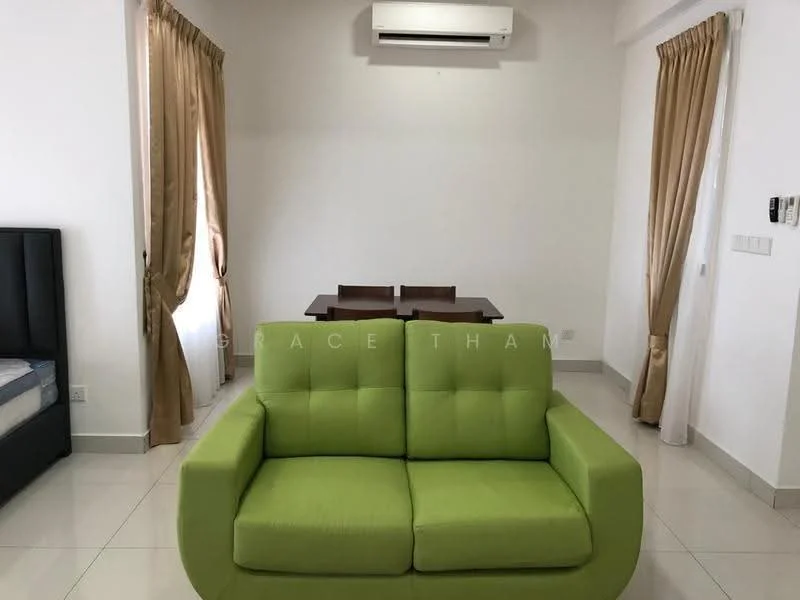 Living features: green fabric sofa, wall-mounted split AC, white painted walls, tile flooring, curtains in beige, dining table with chairs in background, floor-to-ceiling window, light-colored ceiling; style: modern.