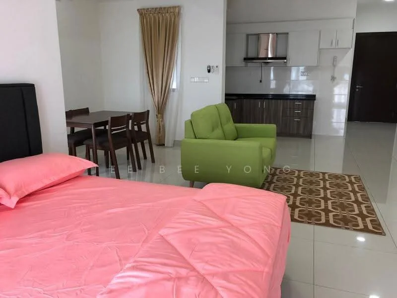 Bedroom features: pink bedding, queen-size bed, upholstered headboard, white walls, tile flooring, area rug with geometric pattern; style: modern. Living features: green fabric sofa, wooden dining table with four chairs, black kitchen countertop, built-in kitchen cabinets, microwave, stainless-steel sink, wall-mounted kitchen appliances; style: modern.