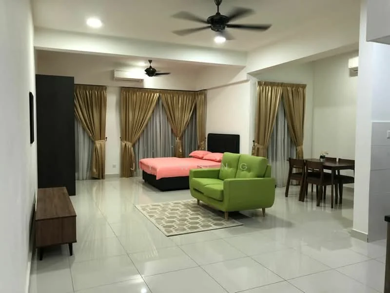 Living features: green fabric sofa, pink bed with black headboard, wooden TV console, dining table for 4, 4 dining chairs, grey area rug, floor-to-ceiling windows, sheer curtains, golden drapes, recessed ceiling lights, 2 ceiling fans, white painted walls, glossy tile flooring, air conditioning unit; style: modern.
