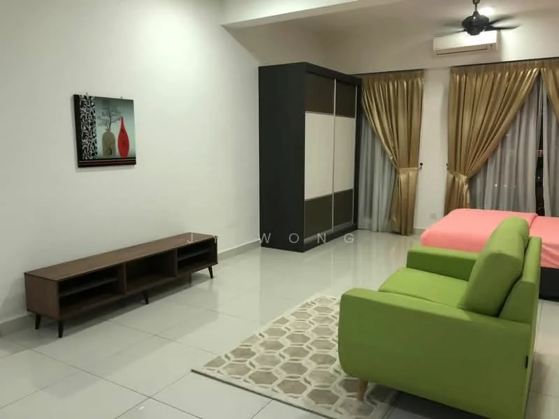 Living features: green fabric sofa, wooden TV console, framed artwork on wall, cream area rug with geometric pattern, floor-to-ceiling windows with sheer curtains, golden drapes, white painted walls, glossy tile flooring, ceiling fan; style: modern.